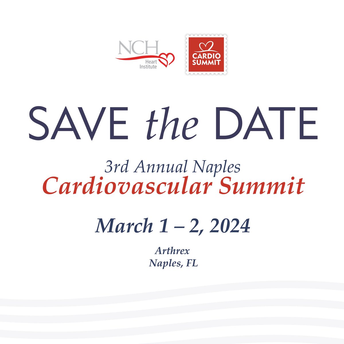 NCHRooneyHeart's tweet photo. SAVE THE DATE

Be sure to join us for the 3rd Annual Naples Cardiovascular Summit 

🗓️ March 1-2, 2024 in #NaplesFL 

More information coming soon https://t.co/LR8KKtSJs4 #NaplesCardioSummit2024 https://t.co/dCIpbZgyNt