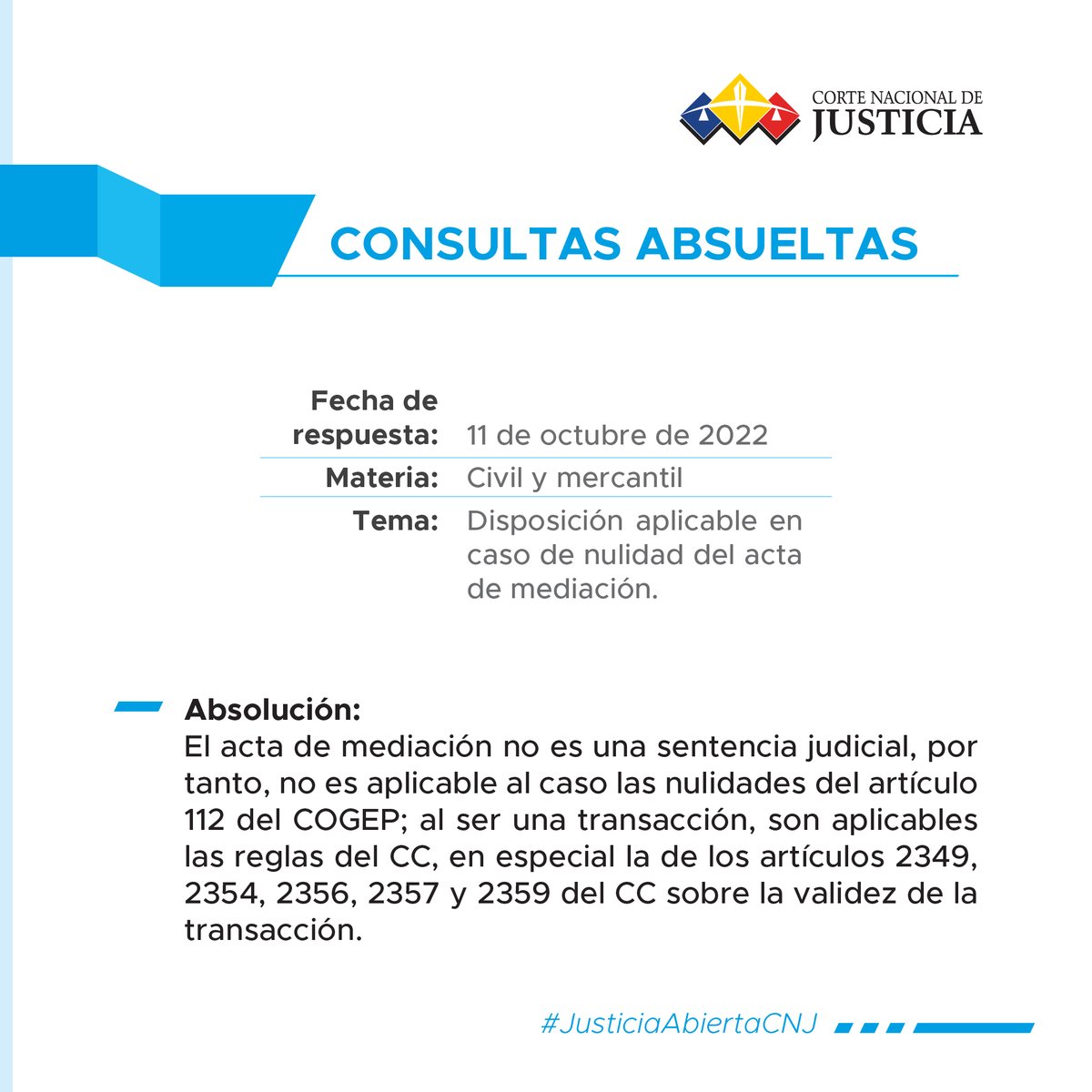 📝 #ConsultasAbsueltasCNJ | ¿El Acta de Mediación debe ser tratada como Acta Transaccional?
📌Revisa esta consulta en materia civil y mercantil ➡ 
bit.ly/42gP5pM