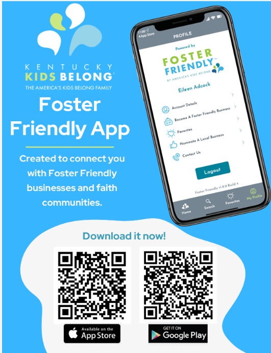 KyDCBS's tweet photo. Foster parents: Download the Foster Friendly App today! It’s a great resource from our partners Kentucky Kids Belong that connects you to discounts on goods & services, helpful resources and area support. Get it from the Apple App Store or Google Play Store. #fosterky #discounts https://t.co/PVJ6jXo2mA
