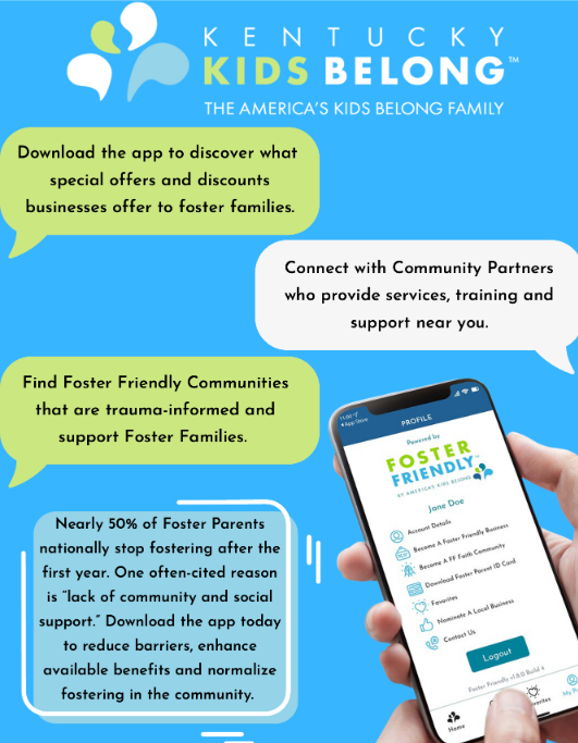 KyDCBS's tweet photo. Foster parents: Download the Foster Friendly App today! It’s a great resource from our partners Kentucky Kids Belong that connects you to discounts on goods & services, helpful resources and area support. Get it from the Apple App Store or Google Play Store. #fosterky #discounts https://t.co/PVJ6jXo2mA