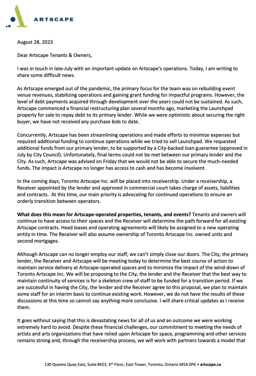 henryfaber's tweet photo. A colleague forwarded me this letter from Artscape and, frankly, nothing about it is shocking.

But it *really* illustrates the City's short sightedness and lack of working directly with community groups for community arts spaces. https://t.co/TeJMr4BMvY