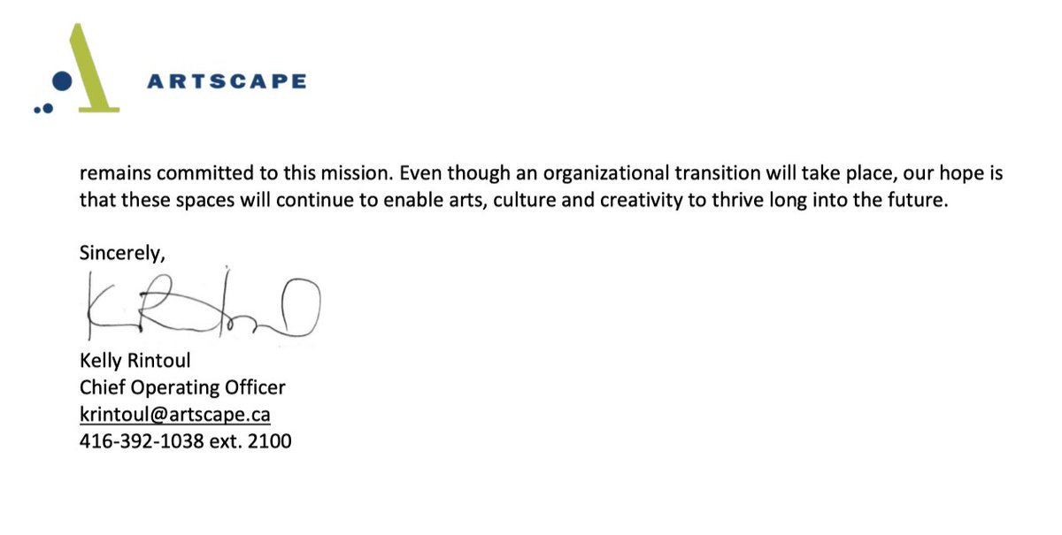 A colleague forwarded me this letter from Artscape and, frankly, nothing about it is shocking.

But it *really* illustrates the City's short sightedness and lack of working directly with community groups for community arts spaces.