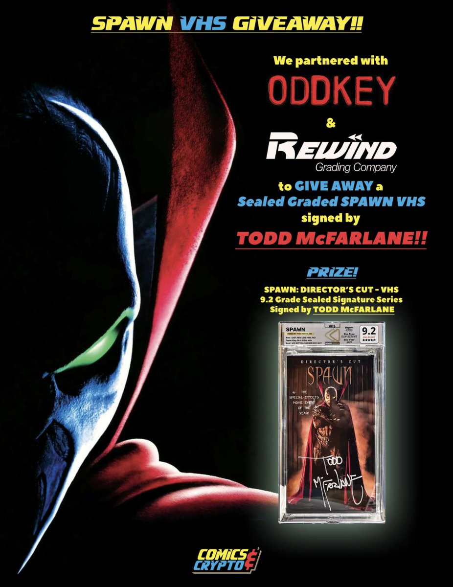 ComicsandCrypto's tweet photo. Last chance to enter at a chance to win this @RewindGrading sealed Spawn VHS, signed by @Todd_McFarlane! Follow the link now to enter: https://t.co/IGthvJ7wXA https://t.co/iJ6bYy0jqn