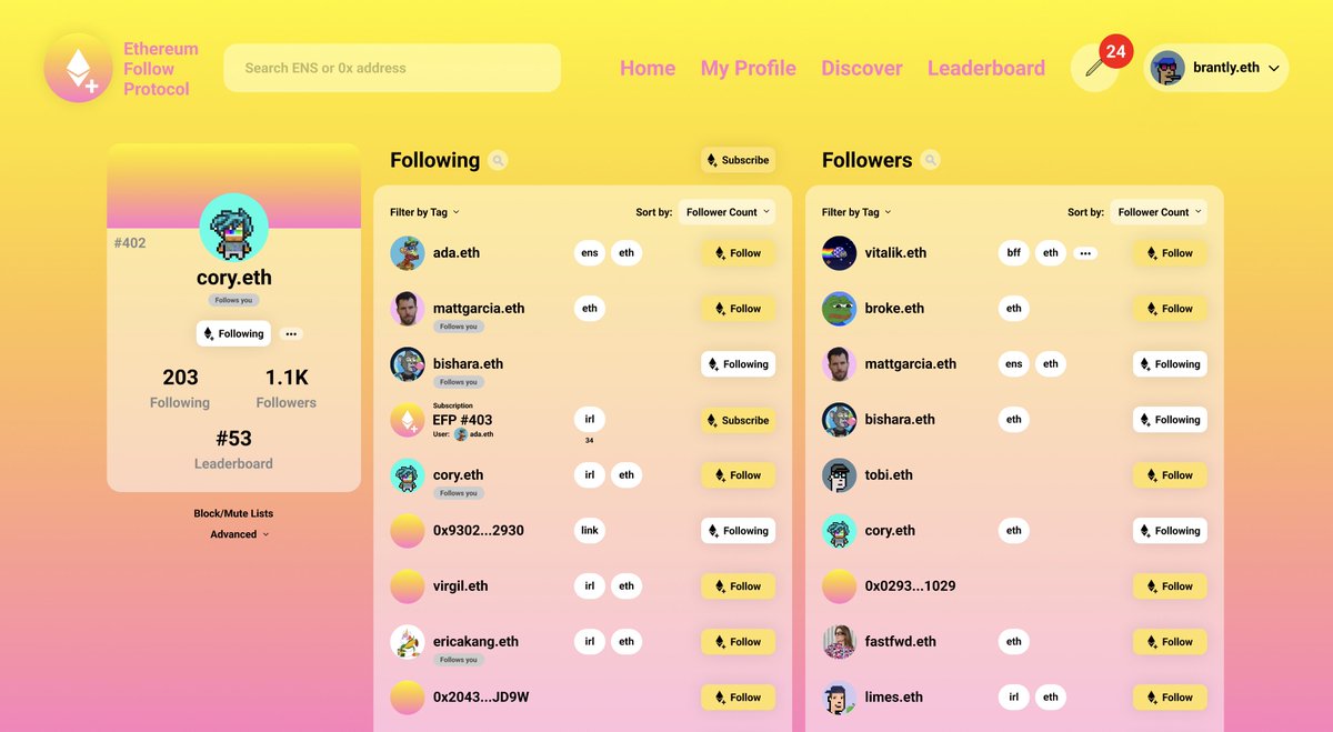 the ethereum ecosystem needs a native protocol for ethereum accounts following each other

here's a look at the latest Ethereum Follow Protocol designs. you can follow the development of EFP at <a href="/ethfollowpr/">OLD Ethereum Follow Protocol | efp.eth</a>