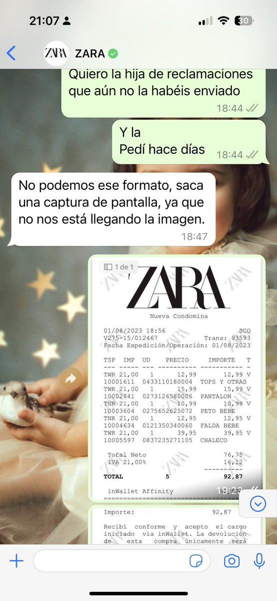 marillasan's tweet photo. Como @ZARA y su servicio de ATC te quiere amargar la vida.
10 veces he explicado lo mismo, 8,9, 10 veces, ya he perdido la cuenta,
aportando ticket fotos y sin respuesta. Haced vuestro trabajo….. por favor la hoja de reclamaciones ya no sé cuántas veces pedirla. @consumidores https://t.co/OFt9o24CD6
