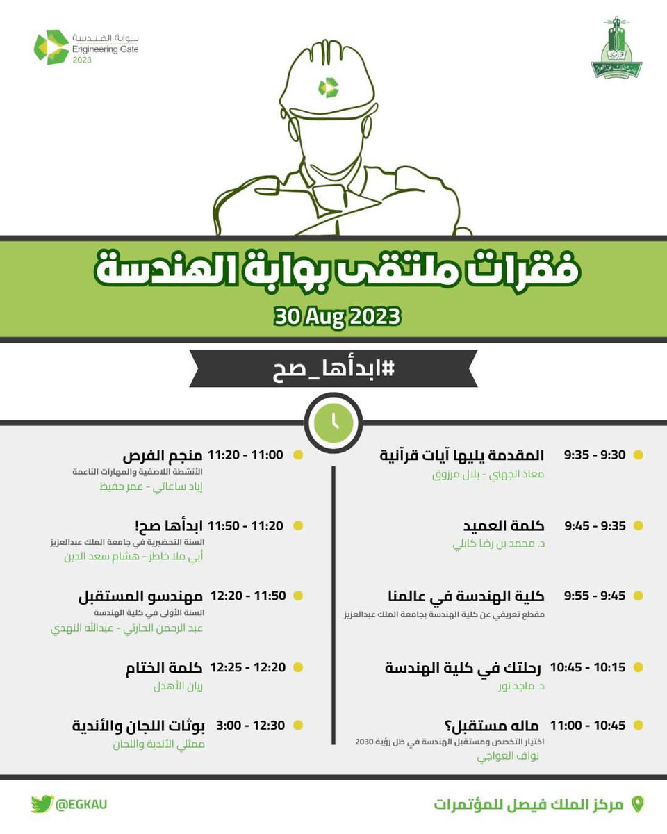 الى جميع المستجـدين 📣

بسّطناها لك: 
فعالية بوابة الهندسة راح تجاوب على جميع اسئلتك وترسم لك الطريق للتميز! ✨

تحت رعاية سعادة عميد كلية الهندسة د. محمد رضا كابلي
يسر كلية الهندسة دعوتكم لحضور ملتقى ( بوابة الهندسة ) لتعرف على برامج الكلية و انشطتها 

خطة سير اليوم⬇️
#ابدأها_صح