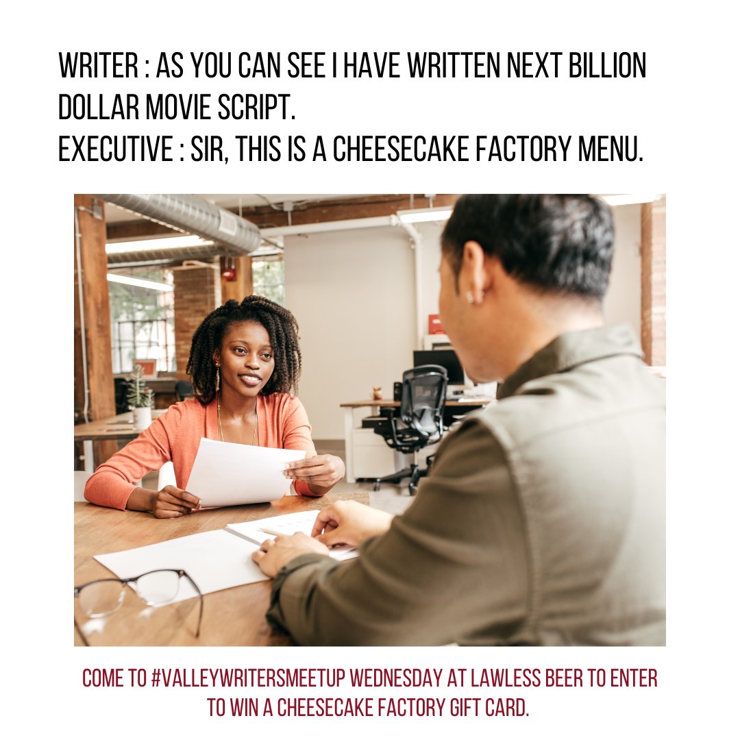 Valley Writers Meetup (@valleywritersmu) on Twitter photo Hey <a href="/ItsMeCarolAMPTP/">Carol Lombardini</a> we're giving away two <a href="/Cheesecake/">The Cheesecake Factory 🍰</a> gift cards to needy writers at #valleywritersmeetup - see you there! ;) And see everyone on Wednesday from 6-9p at Lawless Beer. Hey <a href="/ItsMeCarolAMPTP/">Carol Lombardini</a> we're giving away two <a href="/Cheesecake/">The Cheesecake Factory 🍰</a> gift cards to needy writers at #valleywritersmeetup - see you there! ;) And see everyone on Wednesday from 6-9p at Lawless Beer.