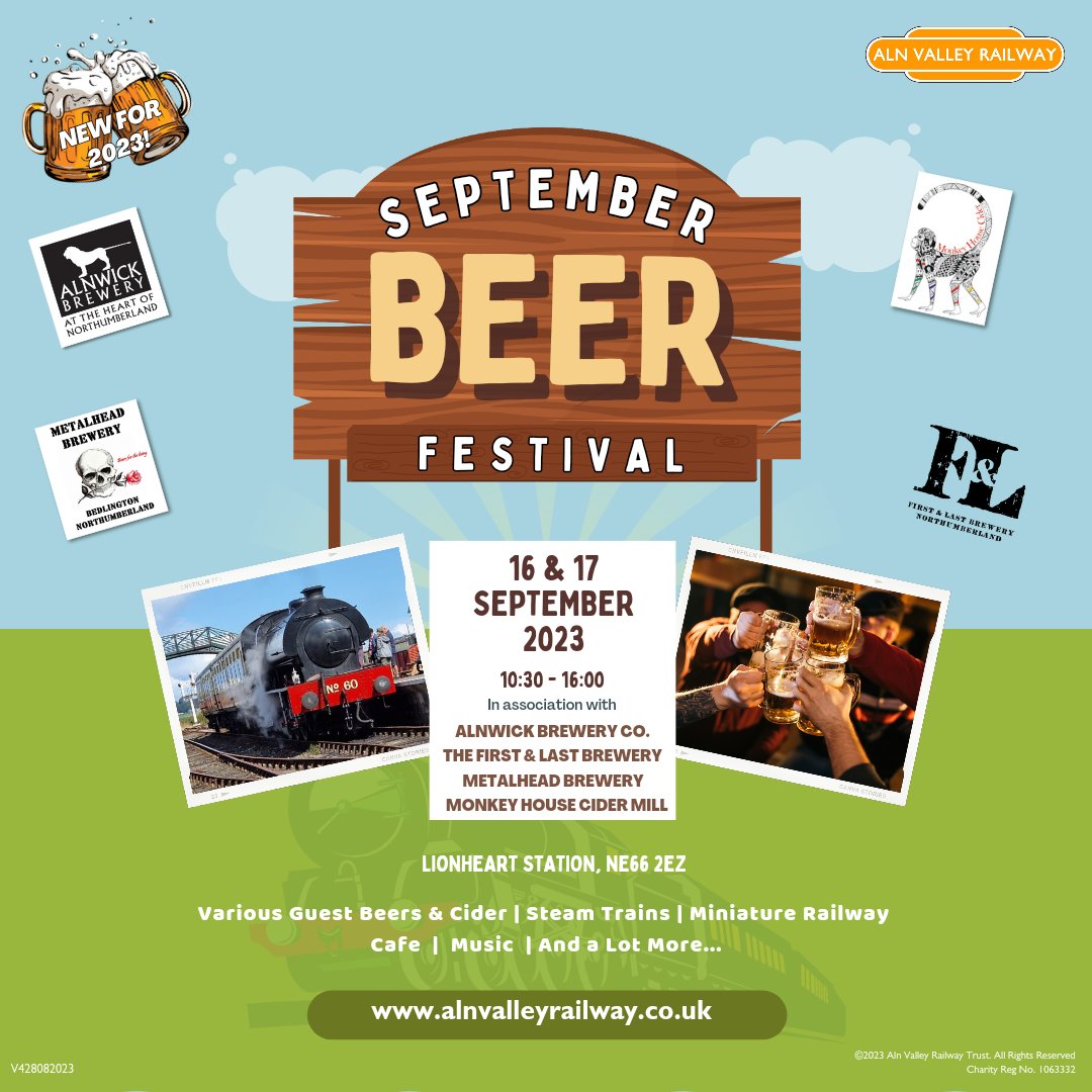 🍻BEER FESTIVAL🍻 16 & 17 SEPTEMBER, 10:30 - 16:00 We are delighted to welcome The First & Last Brewery, Metalhead Brewery, The Alnwick Brewery Co. and Monkey House Cider Ltd to the railway! Please visit our facebook events page facebook.com/events/s/beer-…