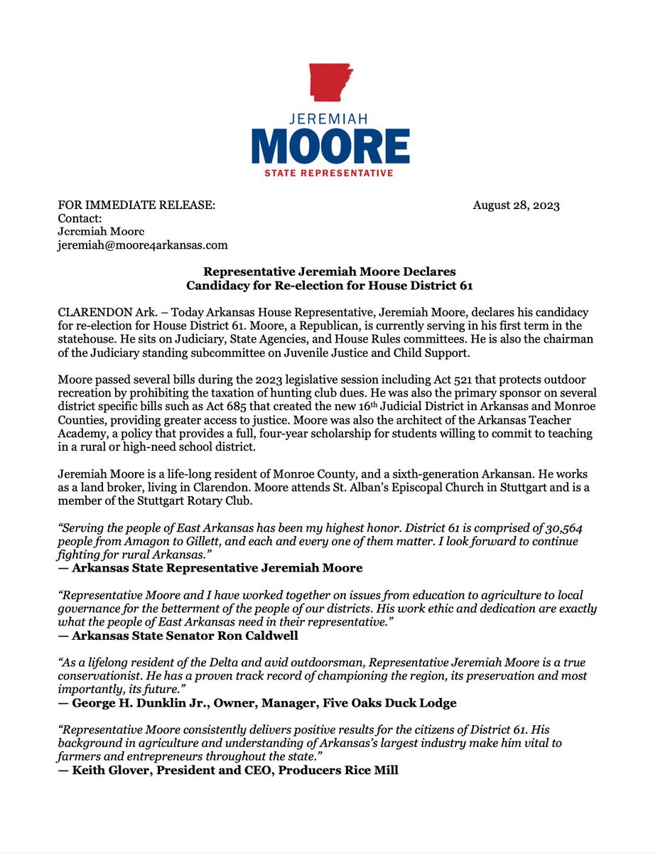 JeremiahMooreAR's tweet photo. I am excited to announce my candidacy for re-election to the Arkansas House to represent District 61. It has been a tremendous honor serving the people of East Arkansas &amp; I look forward to continuing to be an active voice for our district in the State Capitol. #arpx #arleg https://t.co/8y60wnakDr