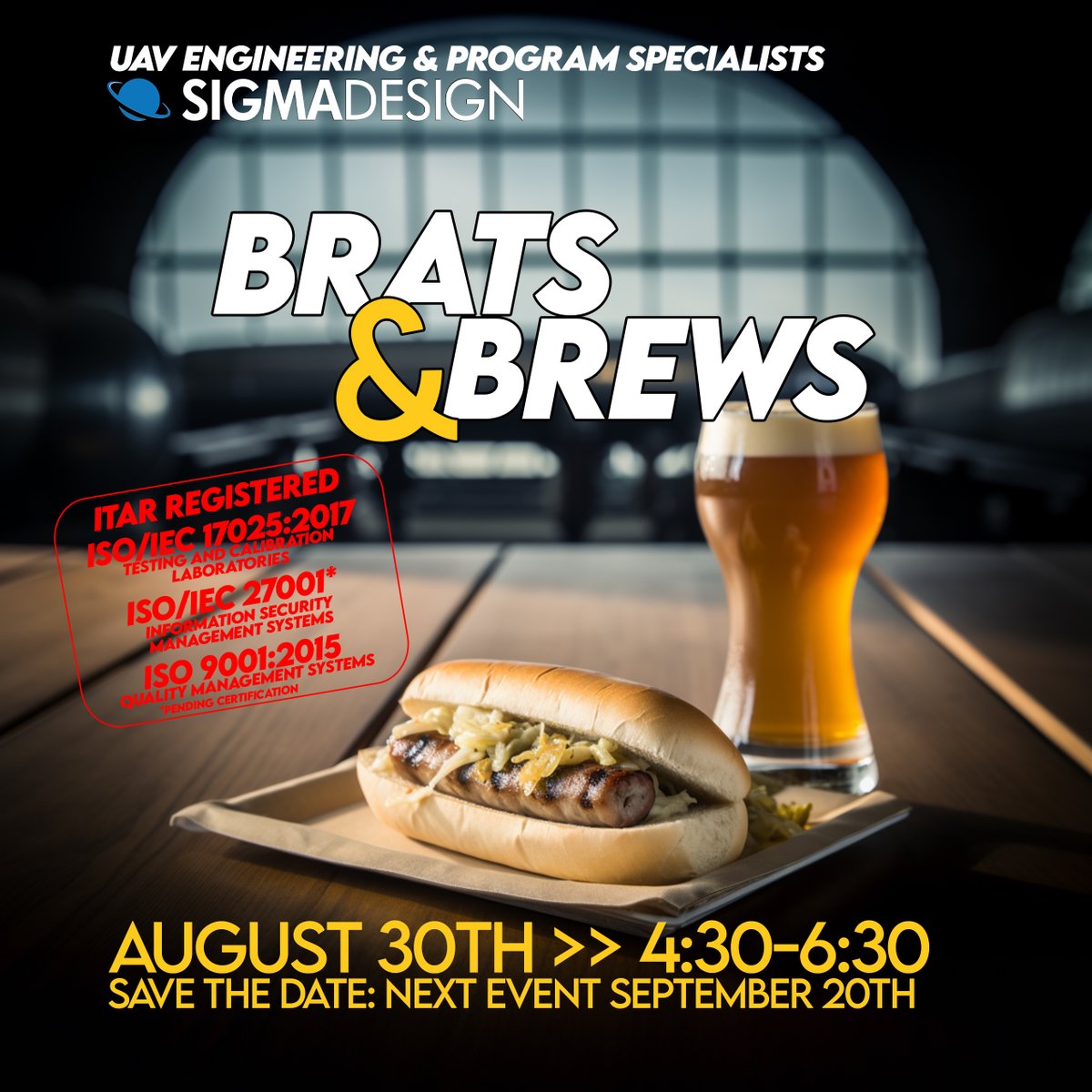 It’s here again… Join us on August 30th for a nice cold drink and some tasty bites after work at the Range. Come to the Pendleton UAS Range for this regular event. Everyone is welcome! sigmadzn.com/events/
...The next one will be September 20th.

#pendleton #uas #engineering