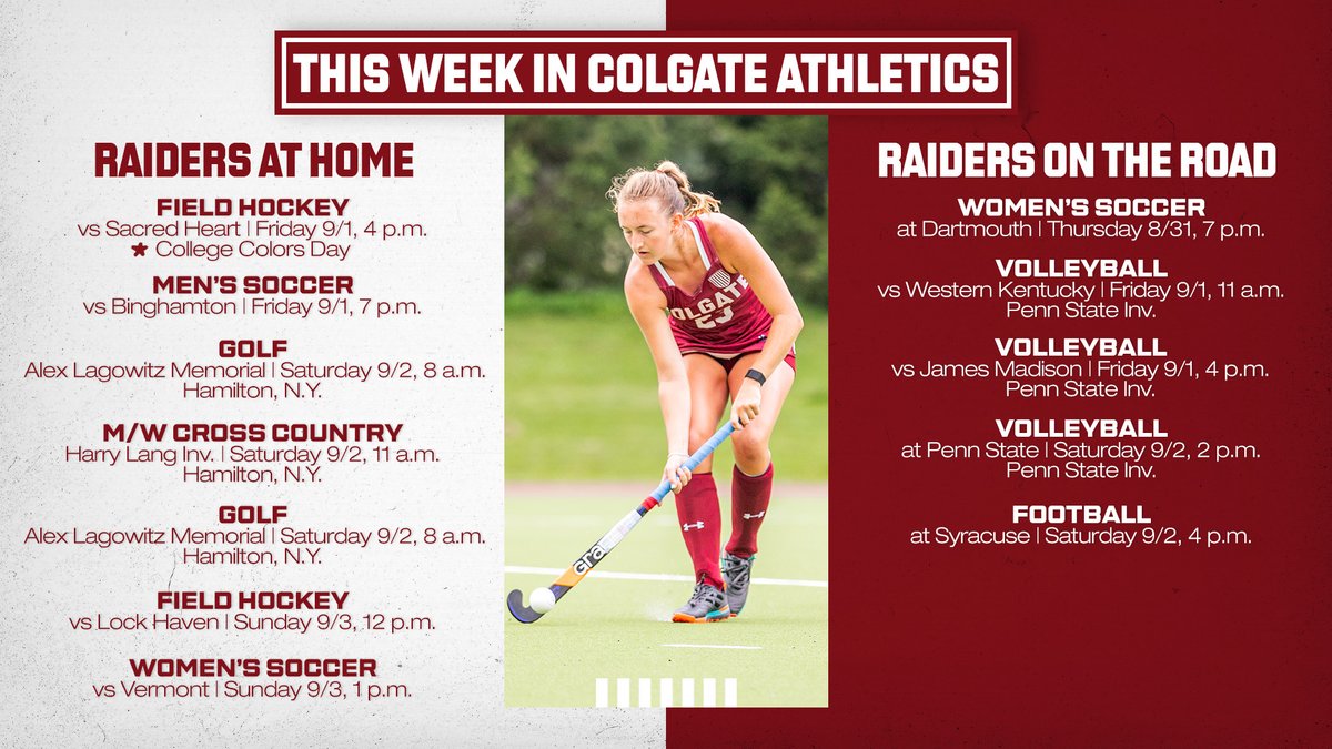 ColgateAthletic's tweet photo. 𝐓𝐡𝐢𝐬 𝐖𝐞𝐞𝐤 𝐢𝐧 𝐂𝐨𝐥𝐠𝐚𝐭𝐞 𝐀𝐭𝐡𝐥𝐞𝐭𝐢𝐜𝐬

Seven teams are in action this week with @ColgateGolf  and @ColgateXCTF hosting their season openers in Hamilton!

#GoGate https://t.co/zEHaU7XYan