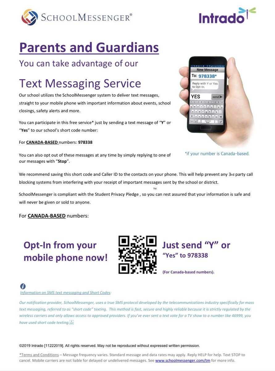 Parents/guardians <a href="/DPCDSBSchools/">Dufferin-Peel Catholic District School Board</a> can opt-in to receive text messages for school and board updates via SchoolMessenger! To participate in this free service send a text message - “Y” or “Yes” to the DPCDSB’s short code number: 978338

Fore more information: www3.dpcdsb.org/Documents/Scho…