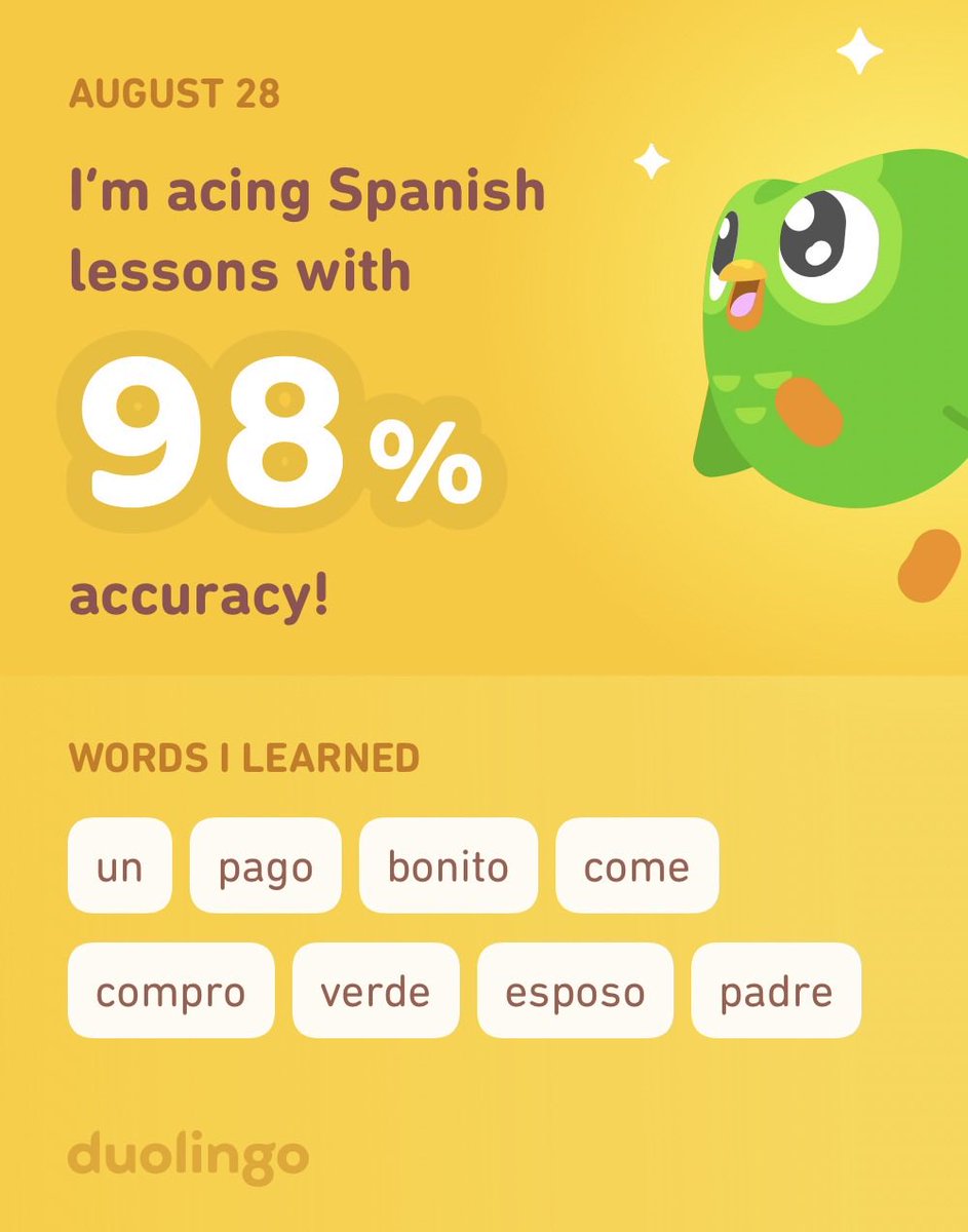 Broncoknapp's tweet photo. I’m learning Spanish on Duolingo! It’s free, fun, and effective. https://t.co/SE6KmnHvzm
