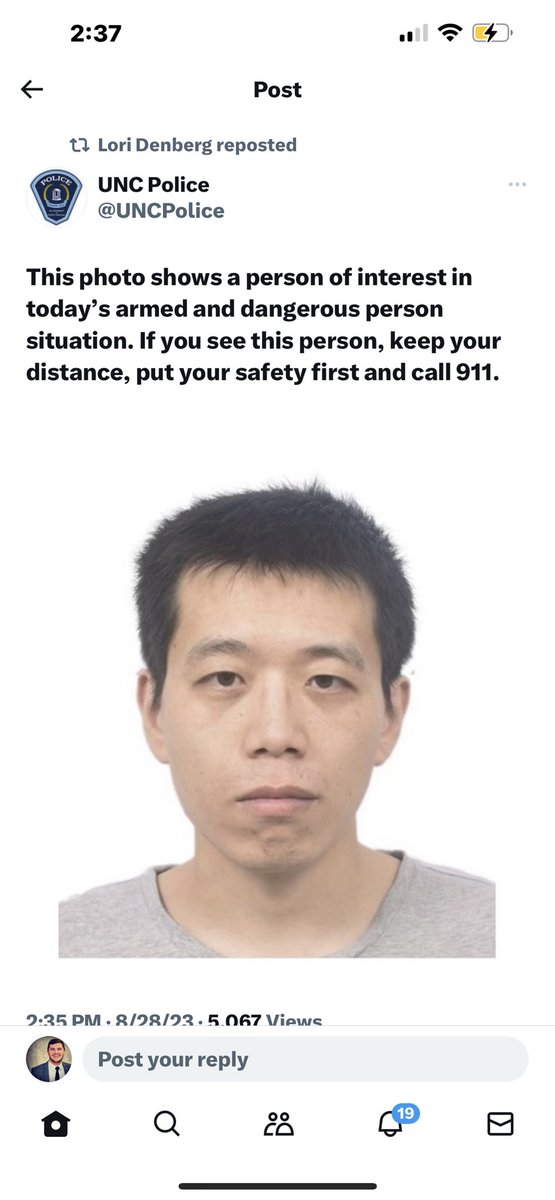 Chrishale92's tweet photo. Update from @UNC Chapel Hill - Stay Sheltered in Place. Suspect at Large. 

Suspect Info: Tailei Qi 
Graduate Student at UNC.  #ChapelHill #ActiveShooter #CampusLockdown https://t.co/tkoEUASQOm