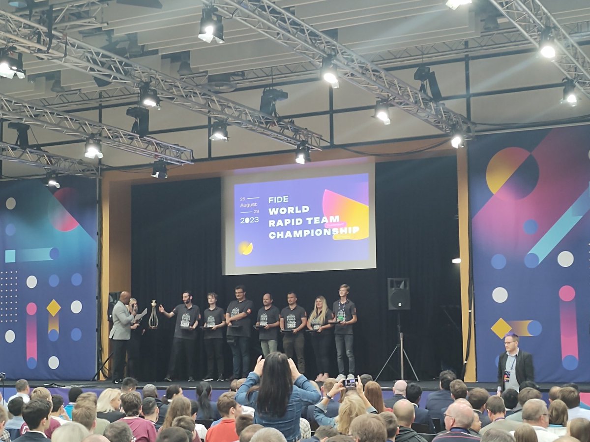SebSwo's tweet photo. @PHChess Victory Ceremony at #WRTC2023 Baadur Jobava #jobava just got the U2400 Prize for his Team, grabbed the Microphone and said. "Thank you, Слава України" 🇺🇦 #waddaplaya #waddahero @redtail26 https://t.co/dFA9HiYFVj