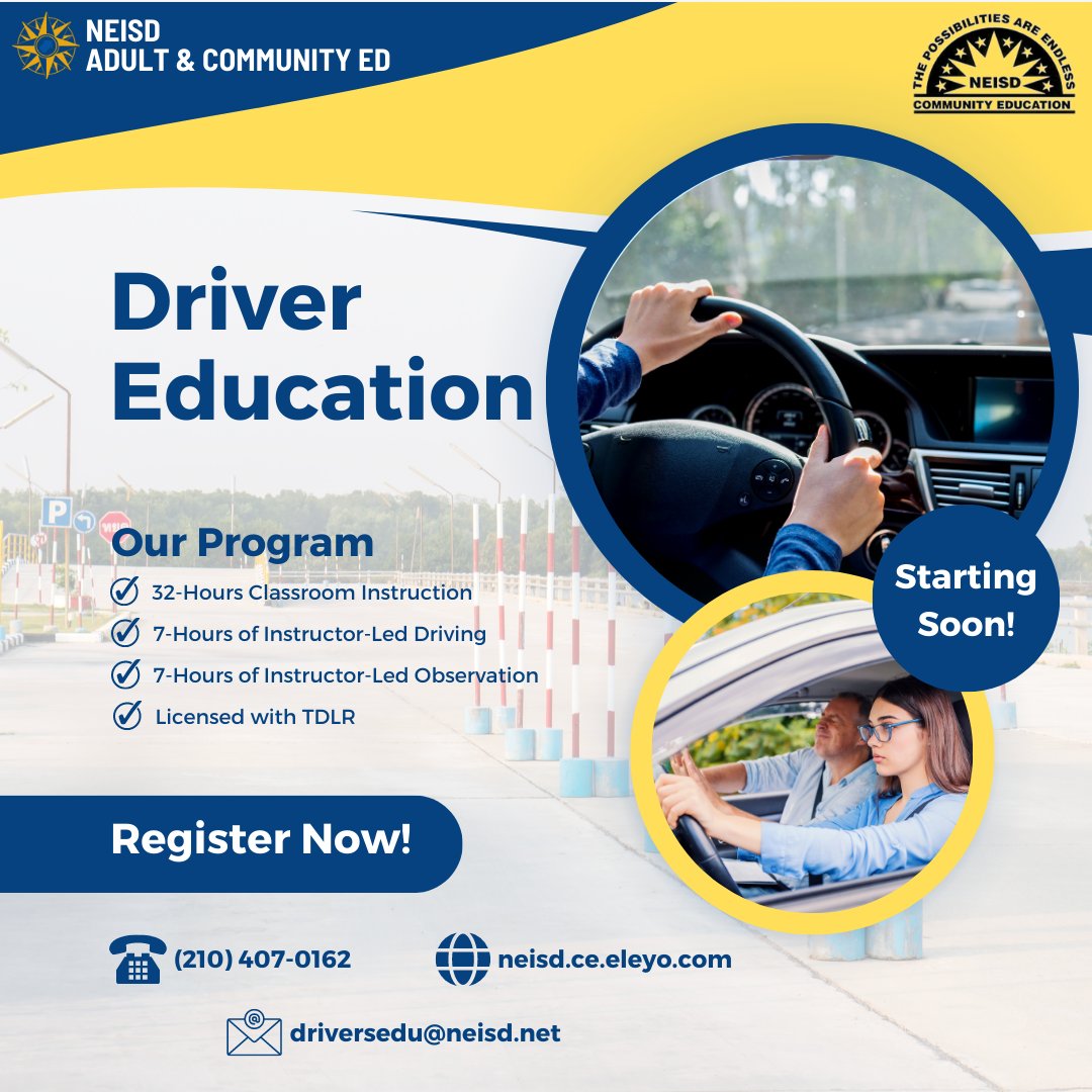 It's back-to-school time &amp; you know what that means?! More traffic - especially in School Zones! 🚗🚸
NEISD Driver Education program provides your students with the knowledge &amp; behind-the-wheel confidence they need to be a safe driver. 🤩
Register here👉tinyurl.com/5n6d58h5