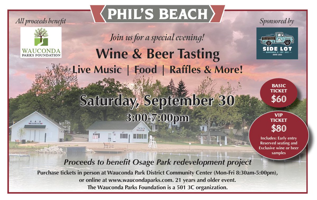 PHIL'S BEACH FALL FEST
Saturday, September 30  |  3:00-7:00pm

Register in person at our Community Center or online via links:
Basic Ticket: code 0930
apm.activecommunities.com/wau.../Activit…

VIP Ticket: code 0930VIP
apm.activecommunities.com/wau.../Activit…

Phil's Beach - 328 N. Main Street, Wauconda IL