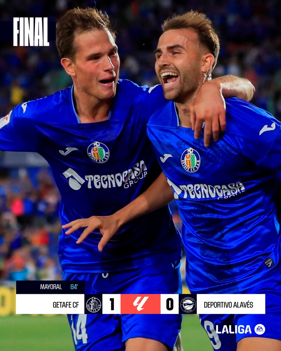 LaLiga's tweet photo. FINAL #GetafeAlavés 1-0

¡El @GetafeCF suma su primera victoria de la temporada gracias al gol de @Mayoral_Borja!

#LALIGAEASPORTS https://t.co/ZDSfO6AUgf