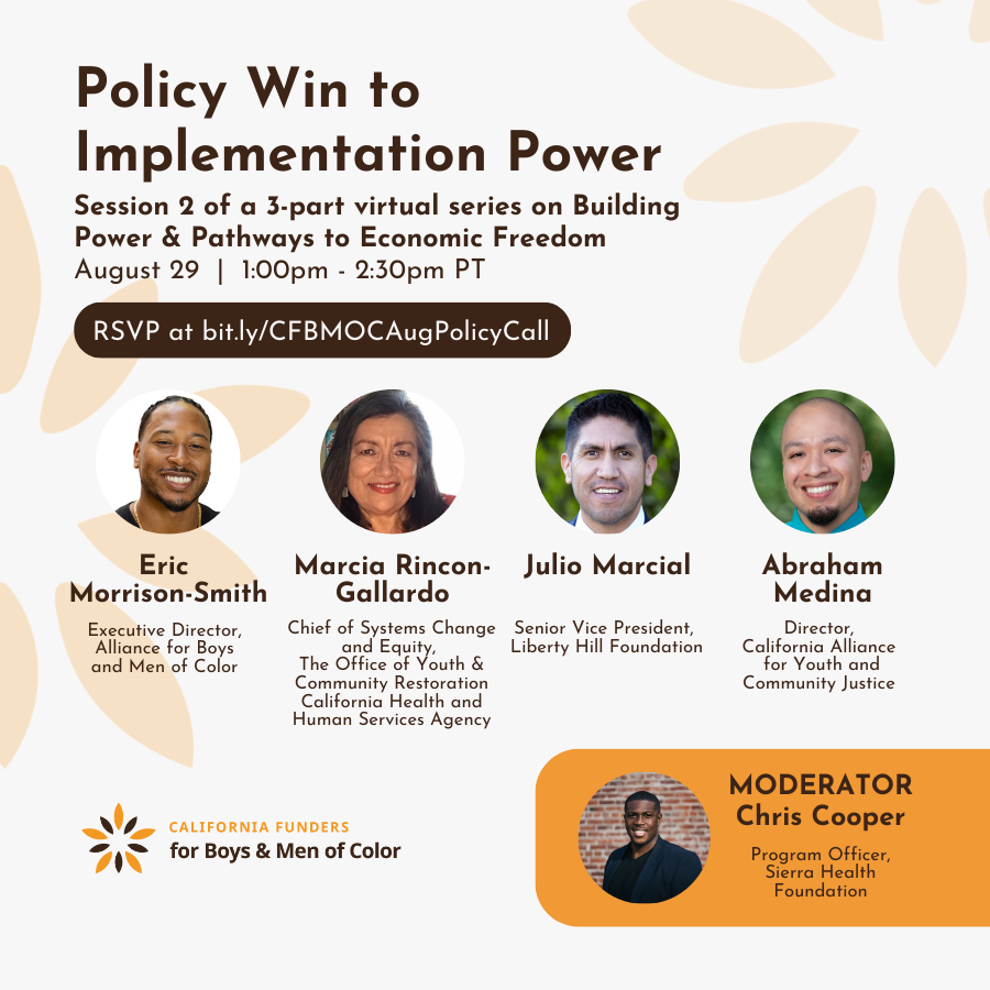 CABMOCFunders's tweet photo. Our second Policy Roundtable session is tomorrow! Join panelists from @AllianceforBMOC, @Cal_HHS, @LibertyHill &amp; @transfrmjust_ca for a talk on moving from policy to implementation to improve education &amp; justice outcomes for boys &amp; men of color. RSVP! https://t.co/l9rAvmMlrC https://t.co/wsvsEaWqLC