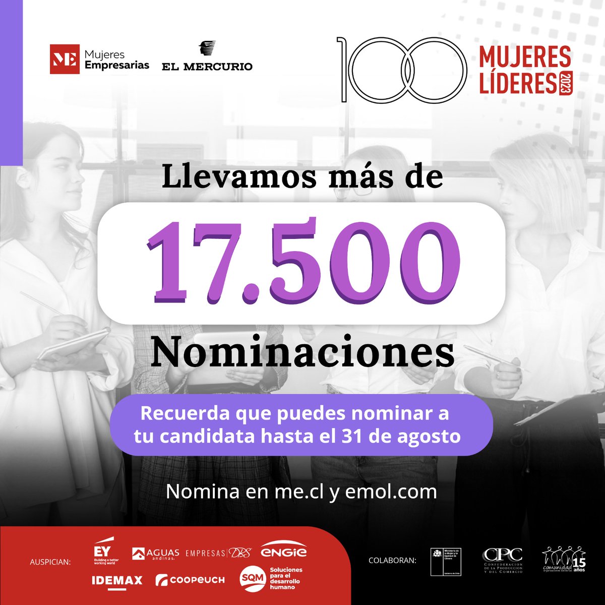 👏Estamos muy felices de que al día de hoy llevemos más de 17.500 nominaciones al premio 100 Mujeres Líderes.🎉Nomina a tu candidata en me.cl, emol.com o directamente aquí lnkd.in/e4gHNZ96