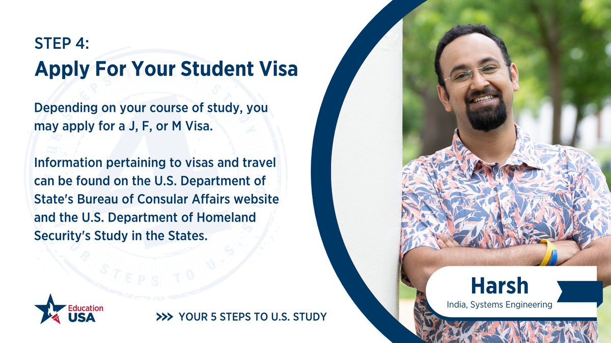 EducationUSAYuc's tweet photo. It’s time for 📷Step 4:  Apply For Your Student Visa📷

Learn more about visas and travel from:

📷 @TravelGov: https://t.co/EHvHWRukF0

📷 @DHSgov: https://t.co/MBKpmSMV0w.

📷 EdUSA: https://t.co/ZTG3tODqcM.

#StudyWithUS https://t.co/bjoGknk6IY