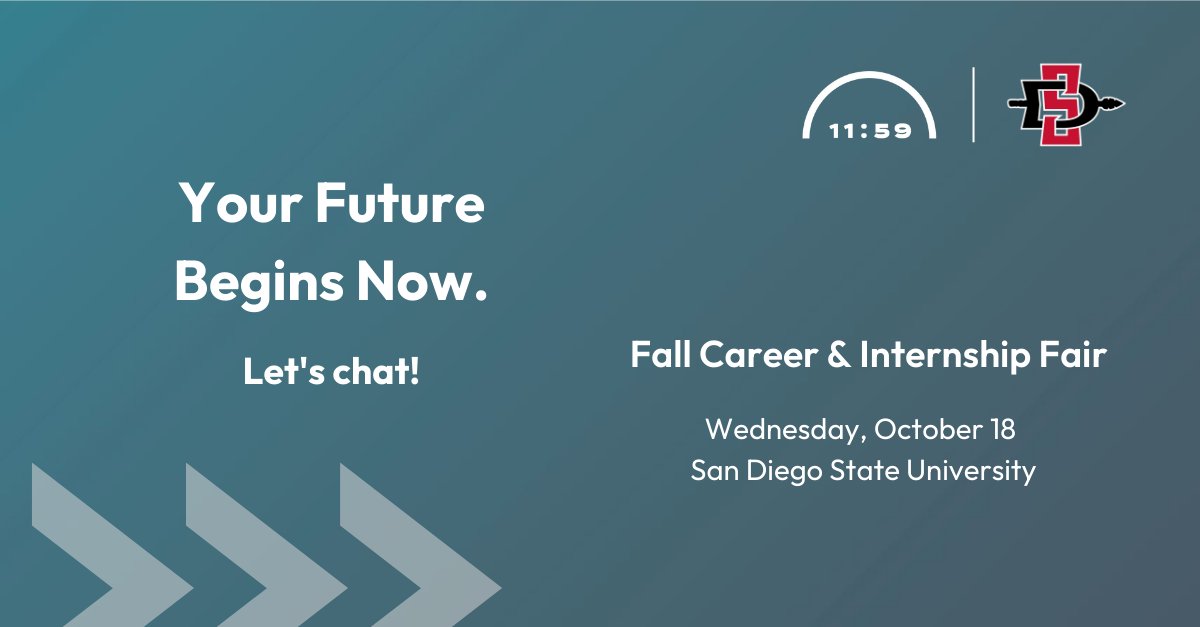 its_1159's tweet image. Your future begins now! Step into the world of tomorrow with 11:59 at the Fall Career &amp;amp; Internship Fair on Wed, Oct 18 at @SDSU. Explore groundbreaking technology, engage with industry pioneers, and ignite the spark that leads you towards a fulfilling career! #techinternship