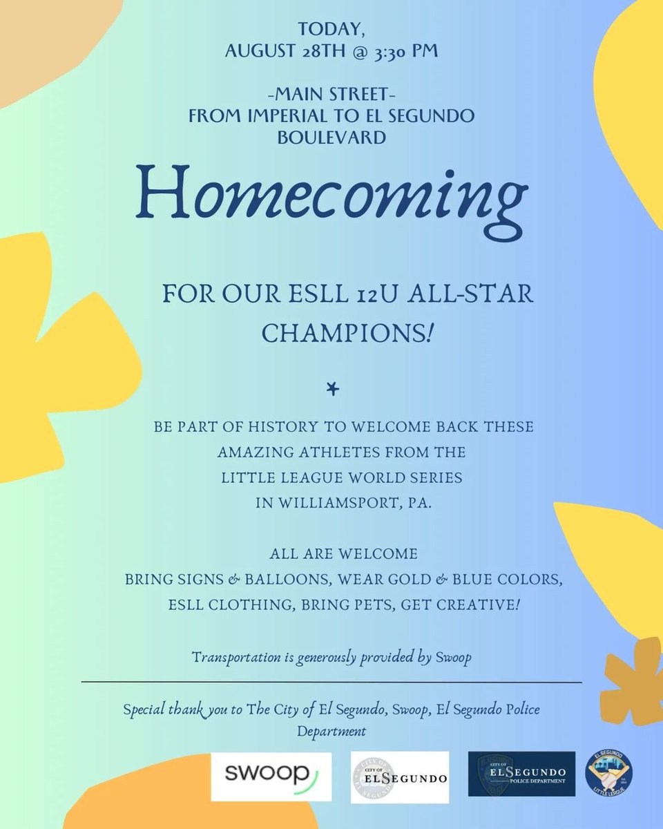 MBNewsTweets's tweet image. For those who are interested in joining in the #ElSegundo #LittleLeague "homecoming" celebration this afternoon...