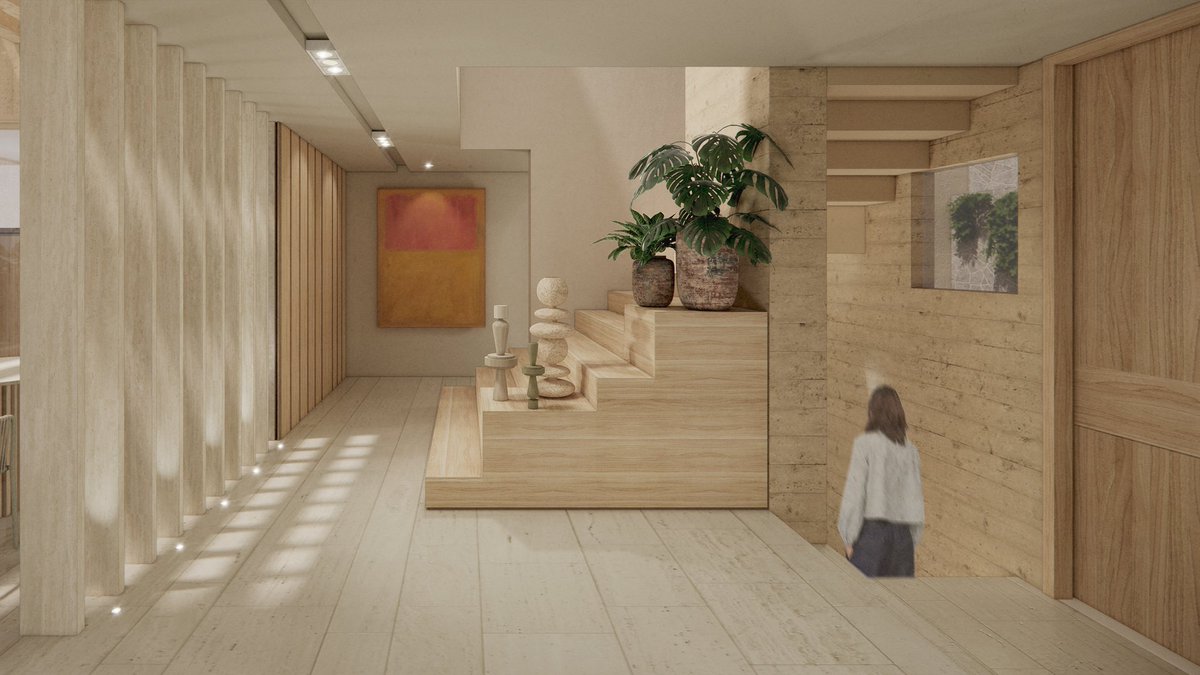 Imagen final del vestíbulo de la recámara principal. 
Selección de materiales y acabados de la Casa ADT.
#santorojo #arquitectura #3dviz