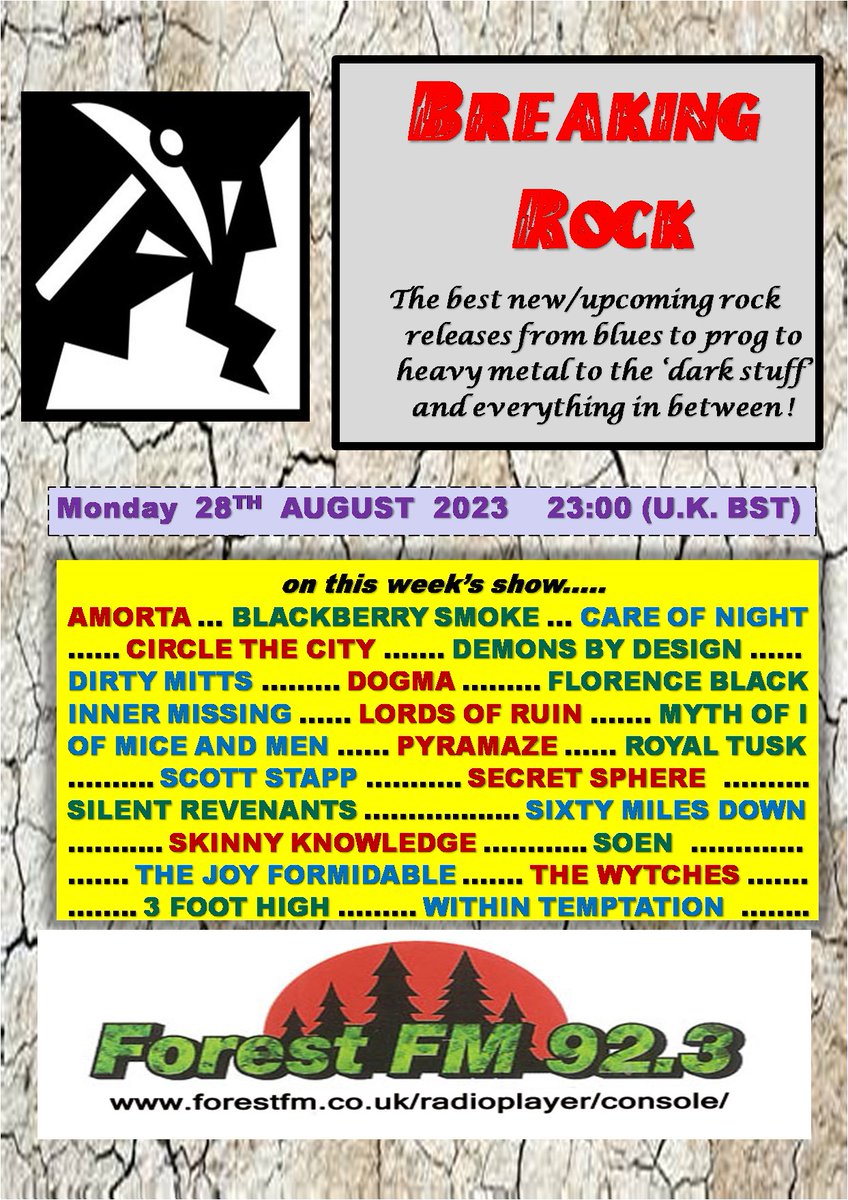 Just announced! <a href="/pjbreakingrock/">Breaking Rockshow</a> #radioshow <a href="/ForestFM/">Forest FM 92.3</a> today 11pm (UK) stream forestfm.co.uk/radioplayer/co… feat. <a href="/SecretSphere/">Secret Sphere</a> <a href="/SilentRevenants/">Silent Revenants</a> <a href="/sixtymilesdown/">Sixty Miles Down</a> <a href="/SkinnyKOfficial/">Skinny Knowledge</a> <a href="/soenmusic/">SOEN</a> <a href="/joyformidable/">joyformidable</a> <a href="/TheWytches/">The Wytches</a> <a href="/3FootHigh/">3 Foot High</a> <a href="/WTofficial/">Within Temptation</a> <a href="/blackberrysmoke/">BLACKBERRY SMOKE</a> <a href="/DirtyMittsUK/">Dirty Mitts</a> <a href="/florenceblackUK/">Florence Black</a> +