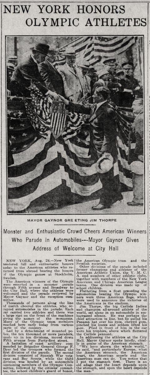 This week in 1912, New York City held a parade to honor Team USA, who’d just returned from the Stockholm Games! 🇺🇸 Other Olympians walked in the parade, but Jim Thorpe and his bounty of medals and trophies were the main draw! 🥇🥇🏆 A true American hero! #BrightPathStrong ⚡️
