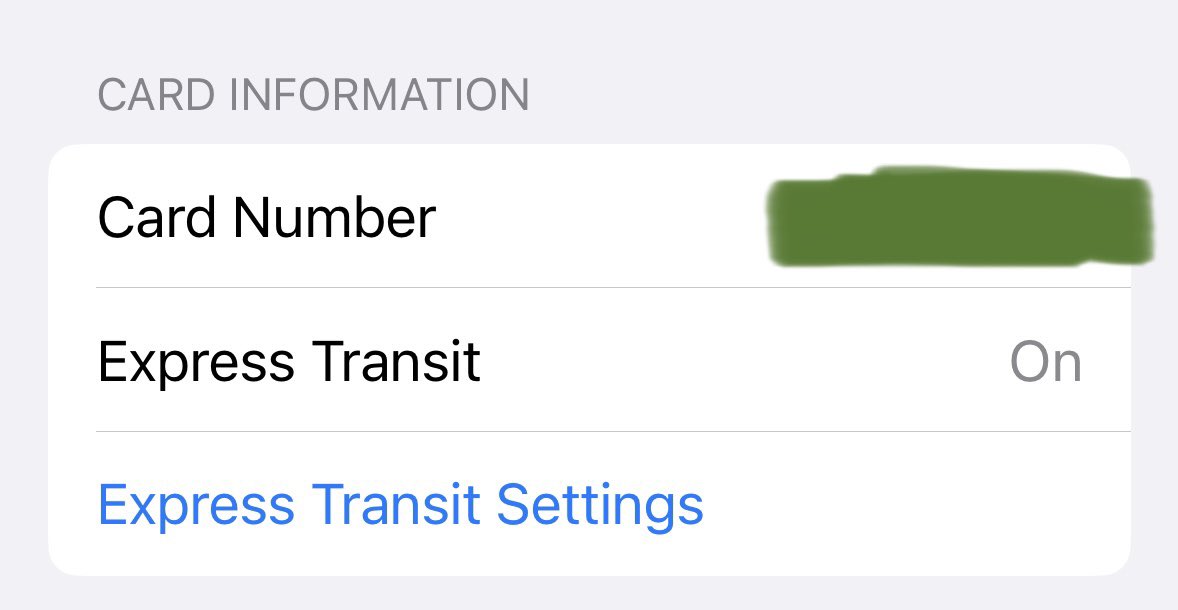 offbeatorbit's tweet photo. Open wallet, click on the card you use for transit, tap the three little dots and then go to card details. You should see the following. Turn EXPRESS TRANSIT on so you can just hover your phone or Apple Watch by the tap thing instead of having to do the Face ID/passcode shit https://t.co/RWxyk2gciE