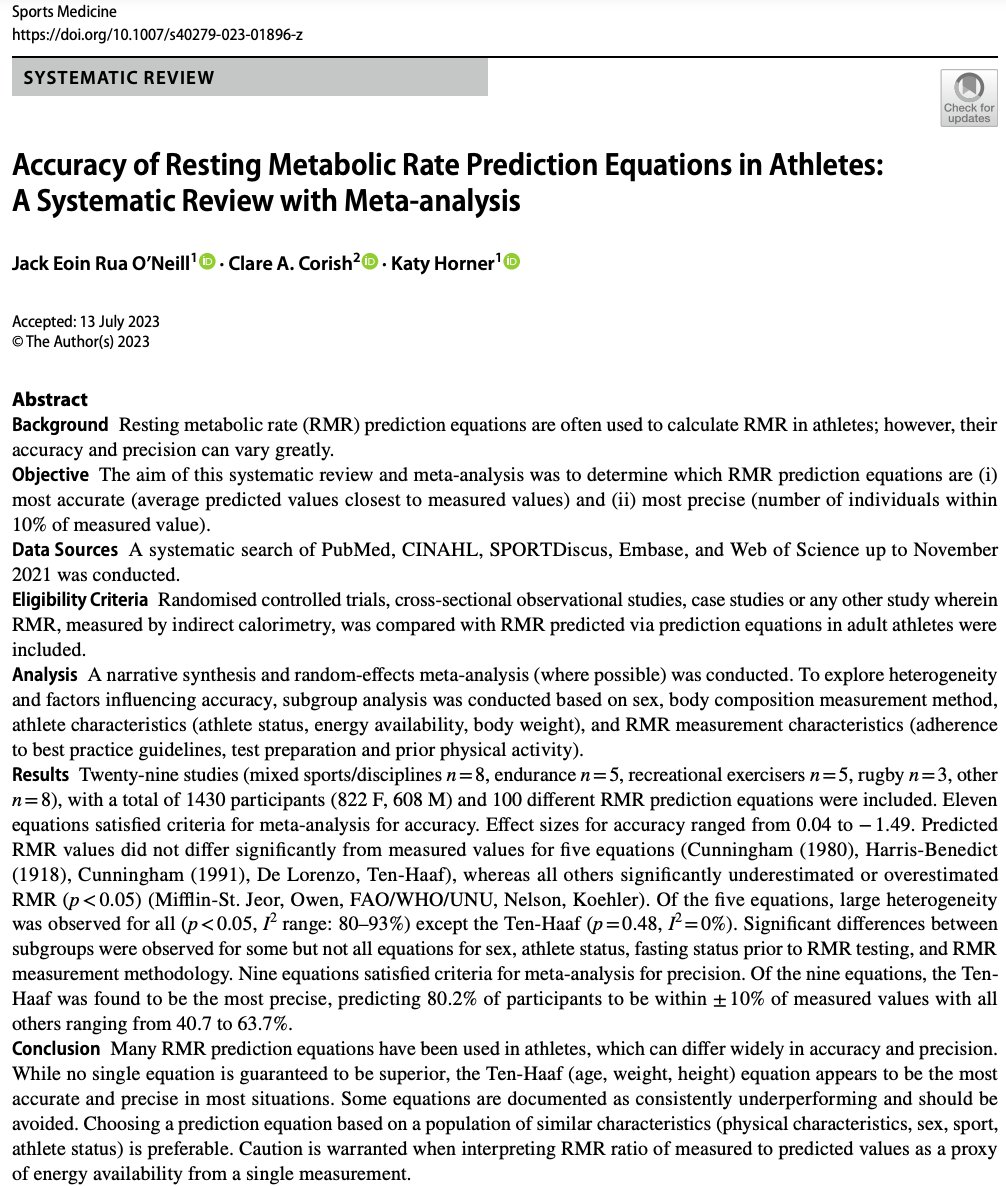 Katy Horner (@katy_horner) on Twitter photo 👟💪Accuracy of resting metabolic rate prediction equations in athletes
bit.ly/3QZiCl0
Great to see <a href="/jackeoinrua/">Dr. Jack Eoin Rua O Neill</a> PhD review published open access in <a href="/SportsMedicineJ/">Sports Medicine</a>
29 athlete studies included
100 RMR equations studied varying widely in accuracy
Which is best?
1/10 👟💪Accuracy of resting metabolic rate prediction equations in athletes
bit.ly/3QZiCl0
Great to see <a href="/jackeoinrua/">Dr. Jack Eoin Rua O Neill</a> PhD review published open access in <a href="/SportsMedicineJ/">Sports Medicine</a>
29 athlete studies included
100 RMR equations studied varying widely in accuracy
Which is best?
1/10