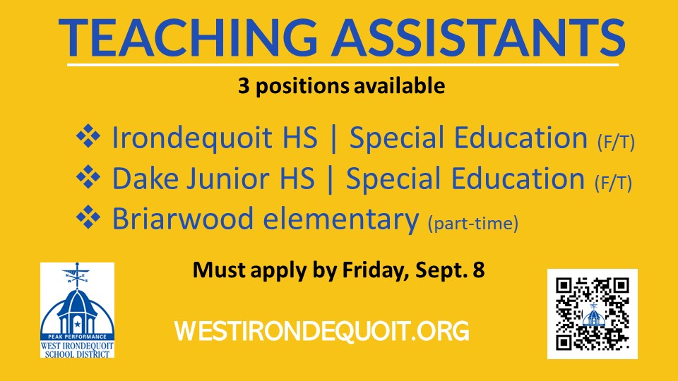 💙We have 3 teaching assistant positions available. Please consider joining our team in West Irondequoit! Not interested but know of someone who may fit these roles? Please share it.

We appreciate - so do our students!💛

Apply: bit.ly/TA_WICSD