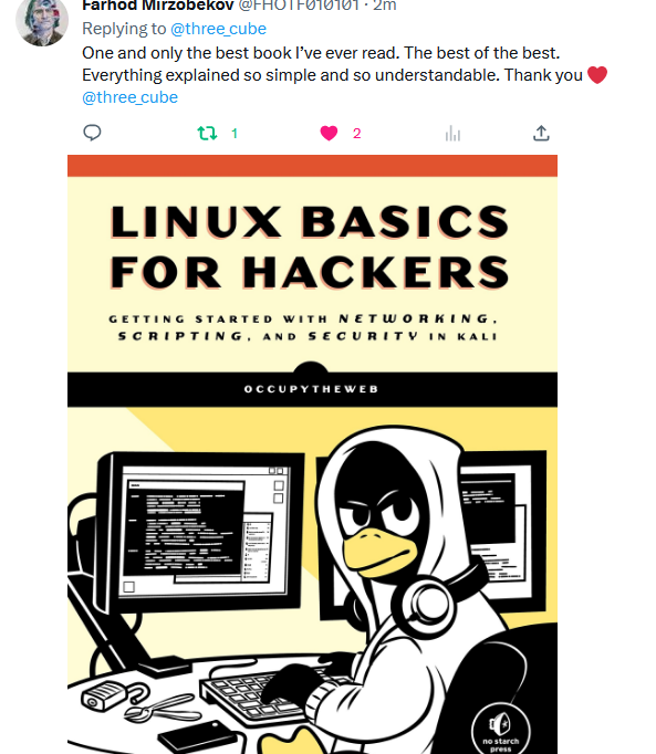 three_cube's tweet photo. Linux Basics for Hackers, Part 7: BASH Basics #linux #linux4hackers #bash #cyberwarrior #cybersecurity

https://t.co/uuc653V2bx https://t.co/LCN04CIUNe