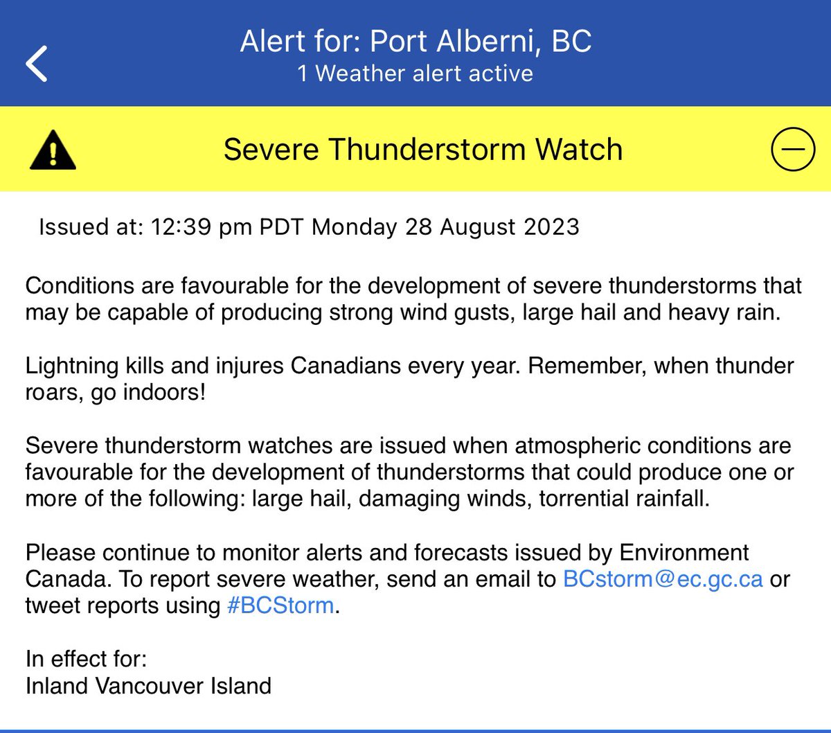#SevereThunderstormWatch issued for inland sections of #VanIsle/#VancouverIsland inclg #PortAlberni #BC — have a way to receive alerts this PM & evening and if possible, avoid backcountry activities.
(And as I am typing this, a warning issued for east of #GoldRiver)

#BCstorm