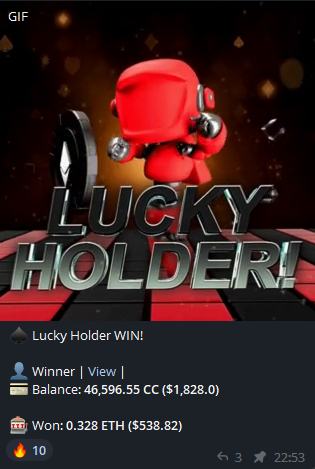 Lunar_bet's tweet photo. #CAACON new Holder Jackpot Bot is live ♠️
First draw happened just minutes ago and one lucky $CC holder got nice 0.32 eth win 🏆

How to take part? 
Just hold at least 20000 CC tokens ♠️
Easy as that! https://t.co/kSat24e2QW