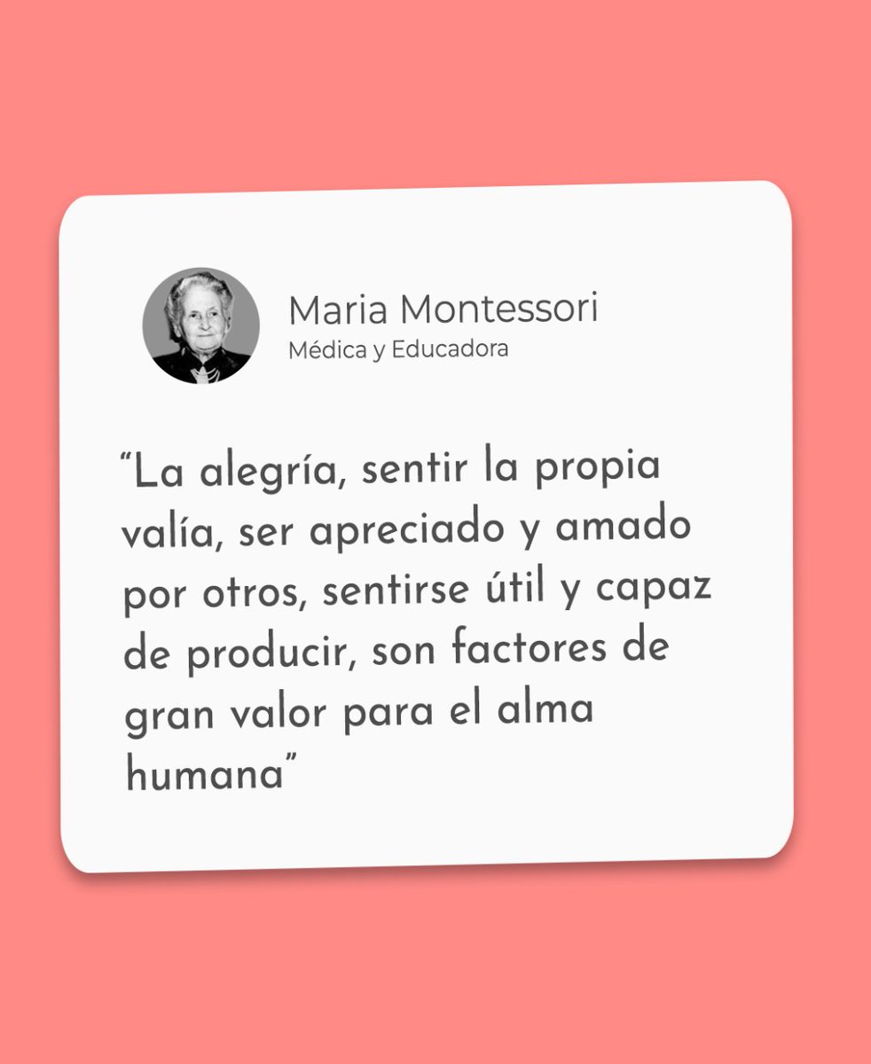 InterMontessori's tweet photo. "La alegría, sentir la propia valía, ser apreciado y amado por otros, sentirse útil y capaz de producir, son factores de gran valor para el alma humana." - Montessori. En nuestro centro, cada niño es valorado y empoderado. 🌟 #MontessoriJoy #EmpoweringSouls #EducaciónHolística https://t.co/NlBbOa3QJB