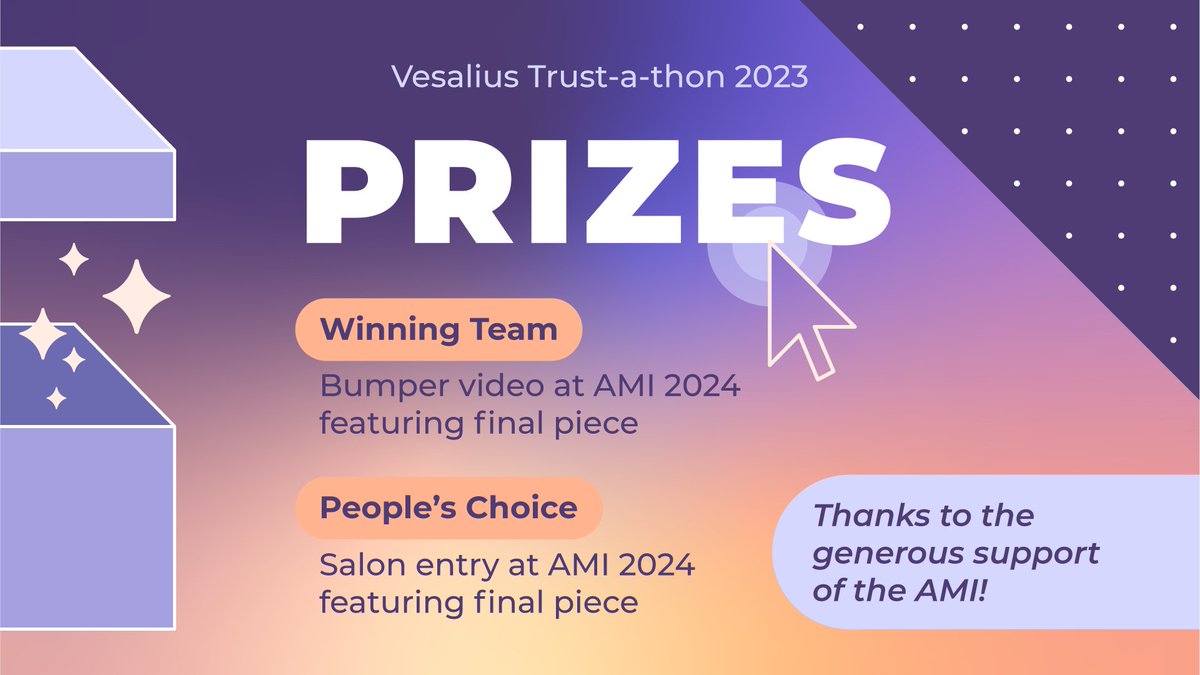 This year’s 🏆 prizes 🏆 are a bumper video at the AMI meeting or entry to the 2024 AMI Salon

Works must be scientific/medical to be eligible. Thank you, AMI! 

Register: vesaliustrust.org/upcoming-event…

#vesaliustrust #trustathon2024 #medart #medicalart #sciart #scholarship #charity