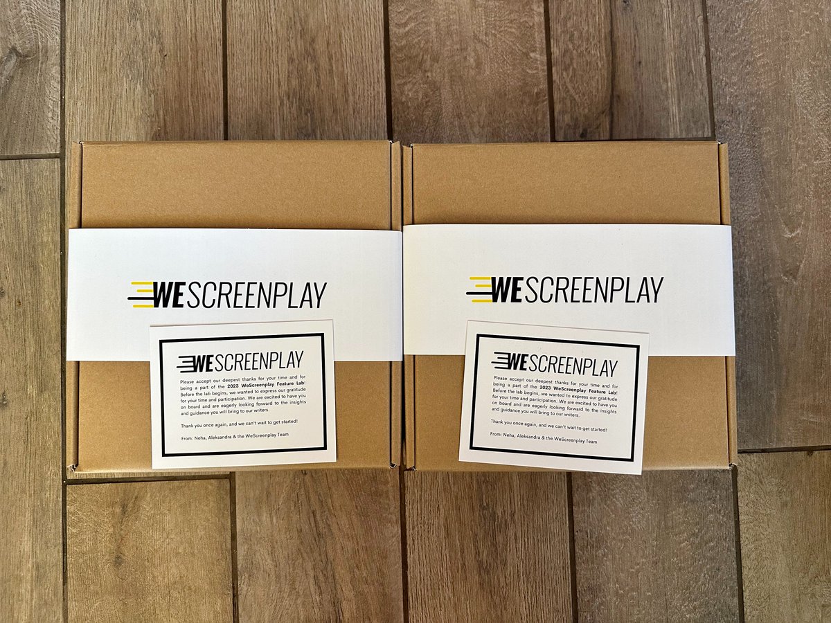 AlexGPickering's tweet photo. Matt and I had such a great time as VIP Mentors again for the 2023 @WeScreenplay Feature Lab! Really enjoyed connecting with this year's group of talented writers. And many thanks to WeScreenplay for the thoughtful gift boxes!#Screenwriting #WritingCommunity #WeScreenplay #Writer https://t.co/HTLjeomKAj