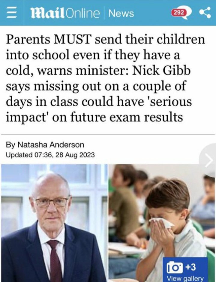 We need parents and carers to make sensible judgements about whether their children are well enough to attend our settings. This also protects staff wellbeing. Please don't encourage the opposite. <a href="/NickGibbUK/">Nick Gibb</a>