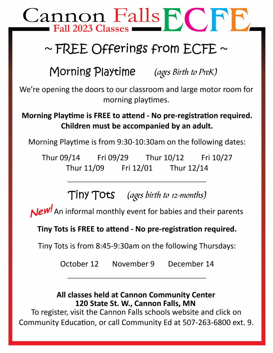 A fun-filled Fall awaits our #LearningInThe252 littlest learners! 🍂🤗

Registration for Community Education courses and activities is open. Click here to check it out ⬇️

cannonfallsschools.com/community/comm…