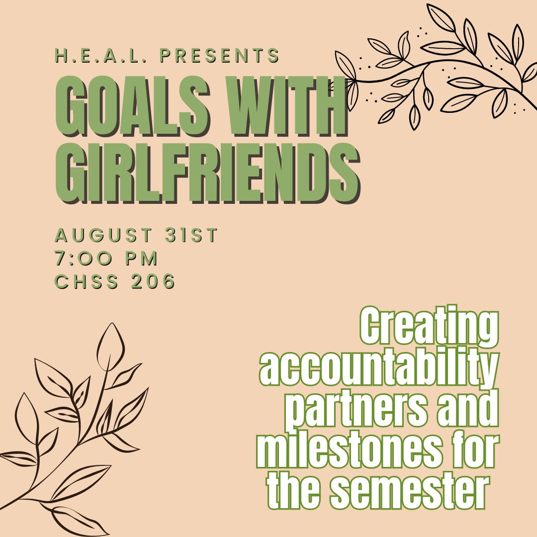 Set your calendar 🗓️ and come join us for Goals with Girlfriends this Thursday!!! 🎯 Come find your accountability partner & set your self up for success this semester. ✨ 💛💚 #shsu #shsu24 #shsu25 #shsu26 #Thursday #GoalSetting