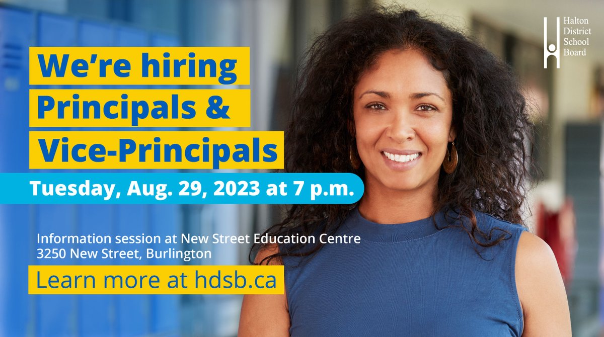 The #HDSB is hiring! Applicants interested in becoming a Principal or Vice-Principal are invited to attend an information session on Tuesday, Aug. 29 at 7 p.m. at New Street Education Centre.

Learn more: bit.ly/3xc6KRp
