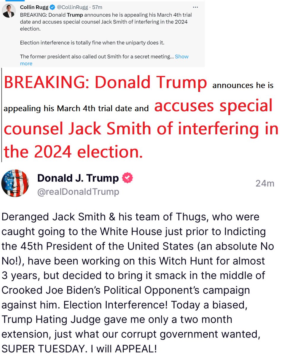 🇺🇸❤️PATRIOT FOLLOW TRAIN❤️🇺🇸 🇺🇸❤️HAPPY MONDAY AFTERNOON!❤️🇺🇸 🇺🇸❤️DROP YOUR HANDLES ❤️🇺🇸 🇺🇸❤️FOLLOW OTHER PATRIOTS❤️🇺🇸 🔥❤️LIKE & RETWEET IFBAP❤️🔥 🇺🇸❤️PRAY FOR TRUMP❤️🇺🇸 BREAKING: Donald Trump announces he is appealing his March 4th trial date and accuses special counsel…