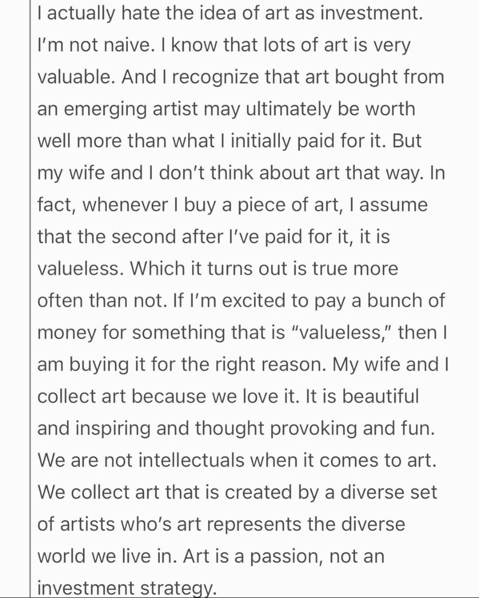 AmirHFallah's tweet photo. Love what my friend and collector David Hornik had to say about building a collection with his wife Pamela. Two of the most legit collectors i know who see the value of art beyond just money. https://t.co/EhjnX6sEMT