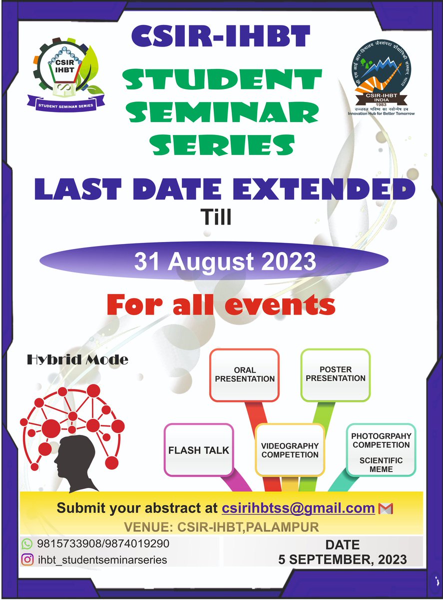 As per request, we have extended the submission deadline to 31 August 2023.
Hurry !
<a href="/AcSIR_India/">AcSIR</a> <a href="/CSIR_IND/">CSIR, India</a> <a href="/CSIR_IHBT/">CSIR-Institute of Himalayan Bioresource Technology</a> <a href="/dgcsirIndia/">DG, CSIR</a> 
.
#event #seminar #contest #teachersday #csir #trending #retweet #participate #extension #palampur