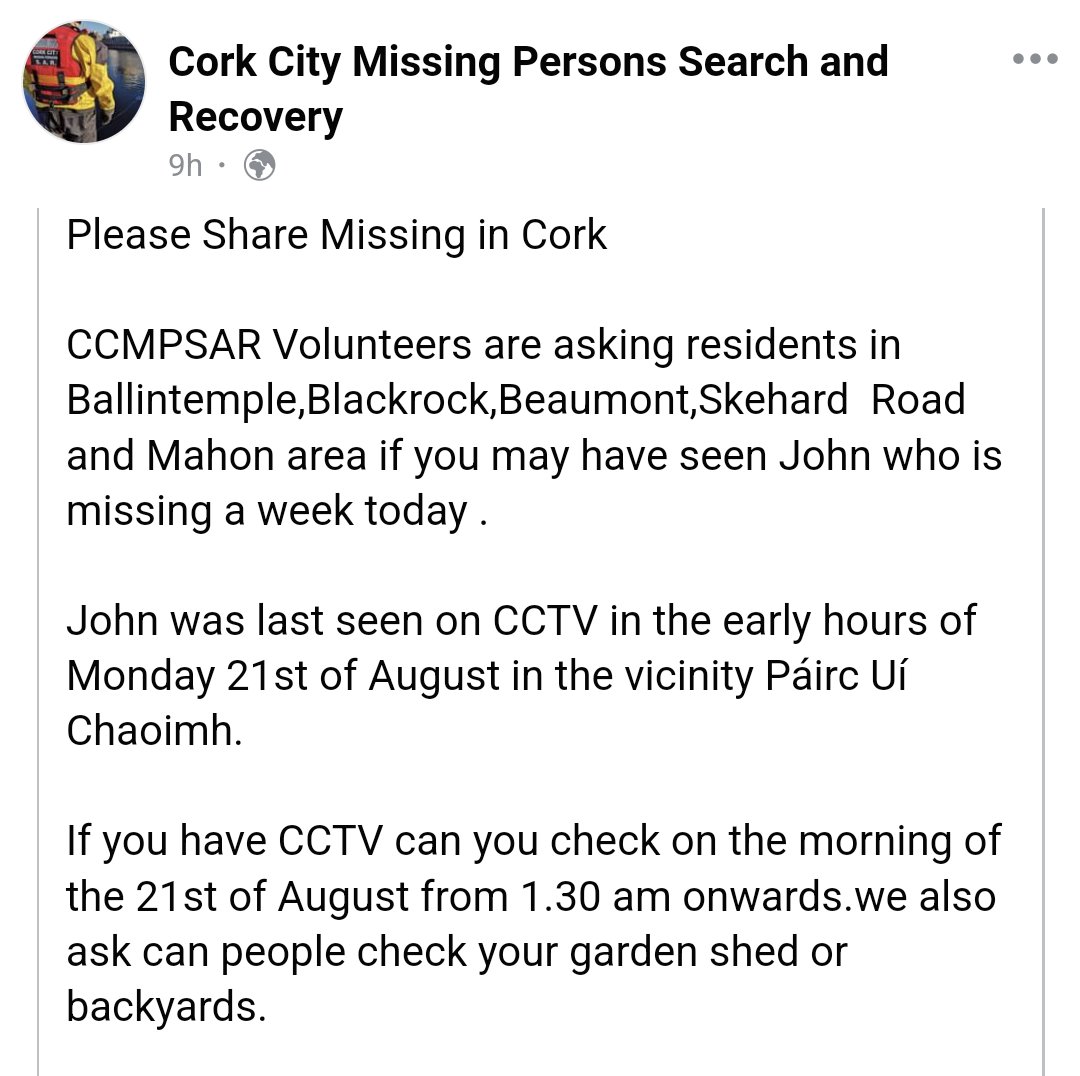 JillianBolger's tweet photo. Cork friends. If you live in the following areas and have CCTV can you please check it for 1.30am onwards on Monday Aug 21? We need to find John and bring him home. We love him and miss him desperately. Please share this with any community groups in these areas. Thank you https://t.co/fi1aK9tDmX