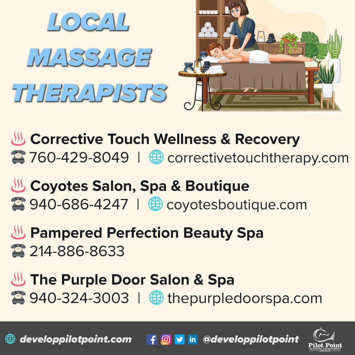 Need to give your muscles a little treat? Don't neglect your body when it needs adjustment - check out these local massage therapists for a spot to give your tired muscles some attention. #developpilotpoint
