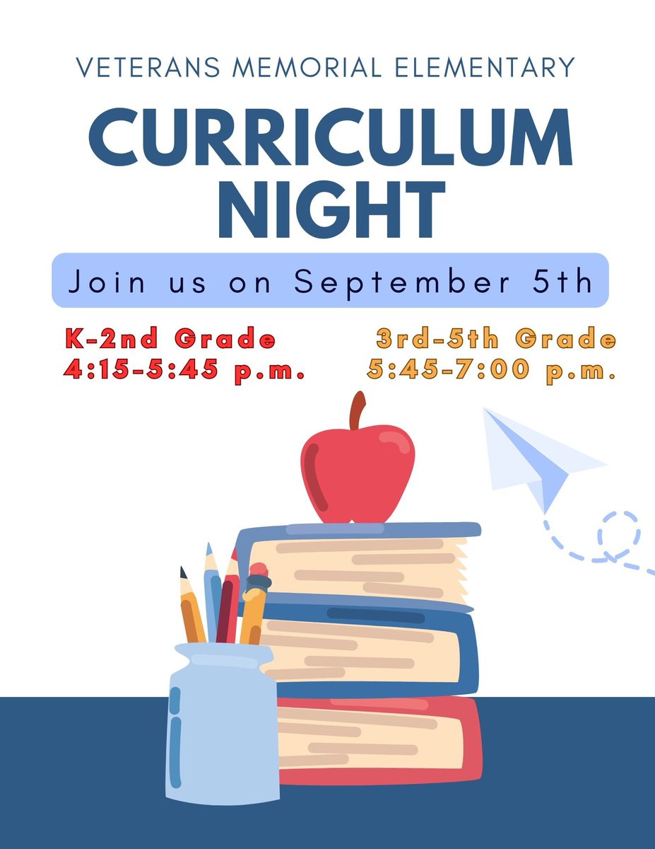VMEPatriots's tweet photo. 🚨Curriculum Night Rescheduled to Tuesday, September 5th! 🚨
@VMEPatriots Parents/Guardians please plan to join us next Tuesday (9/5) for Curriculum Night. You will want to plan to attend for the entire timeframe; teachers will be sharing curriculum, grading, &amp; more! https://t.co/7sTme3fGO0
