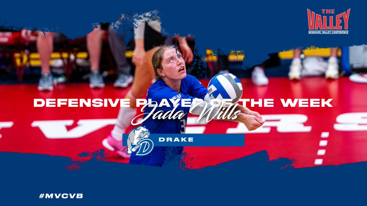 MVCsports's tweet photo. Defensive Player of the Week ⫸ Jada Wills, @DrakeVolleyball

▪️  Tallied 76 digs (2nd NCAA) with a perfect serve reception percentage on 60 attempts
▪️  Averaged a league-high 5.85 digs per set (4th NCAA) vs. No. 12 Marquette, No. 24 WKU &amp; Dayton

#MVCVB | #TheValleyRunsDeep https://t.co/b3rjKwGJdQ